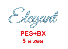 Elegant Script embroidery font formats bx (which converts to 17 machine formats), + pes, Sizes 0.25 (1/4), 0.50 (1/2), 1, 1.5 and 2"