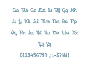 Elementary Script embroidery font formats bx (which converts to 17 machine formats), + pes, Sizes 0.25 (1/4), 0.50 (1/2), 1, 1.5 and 2"