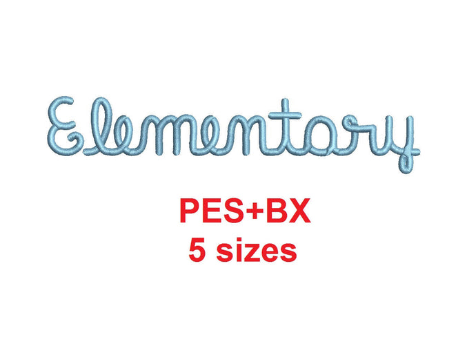 Elementary Script embroidery font formats bx (which converts to 17 machine formats), + pes, Sizes 0.25 (1/4), 0.50 (1/2), 1, 1.5 and 2