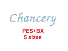 Chancery embroidery font formats bx (which converts to 17 machine formats), + pes, Sizes 0.25 (1/4), 0.50 (1/2), 1, 1.5 and 2"