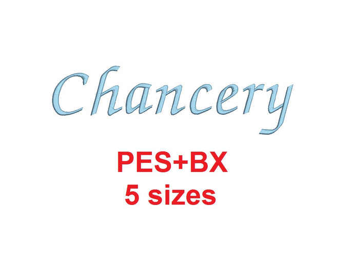 Chancery embroidery font formats bx (which converts to 17 machine formats), + pes, Sizes 0.25 (1/4), 0.50 (1/2), 1, 1.5 and 2