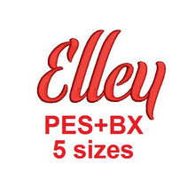 Elley Script embroidery font formats bx (which converts to 17 machine formats), + pes, Sizes 0.25 (1/4), 0.50 (1/2), 1, 1.5 and 2"