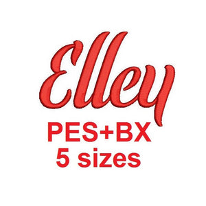 Elley Script embroidery font formats bx (which converts to 17 machine formats), + pes, Sizes 0.25 (1/4), 0.50 (1/2), 1, 1.5 and 2"