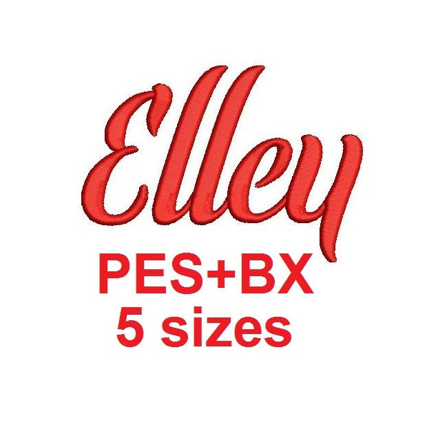 Elley Script embroidery font formats bx (which converts to 17 machine formats), + pes, Sizes 0.25 (1/4), 0.50 (1/2), 1, 1.5 and 2