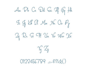 Feline Script embroidery font formats bx (which converts to 17 machine formats), + pes, Sizes 0.25 (1/4), 0.50 (1/2), 1, 1.5 and 2"