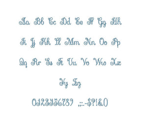 Flamenco Script embroidery font formats bx (which converts to 17 machine formats), + pes, Sizes 0.25 (1/4), 0.50 (1/2), 1, 1.5 and 2"