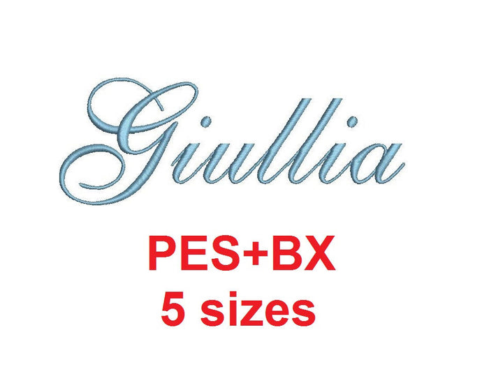 Giullia Script embroidery font formats bx (which converts to 17 machine formats), + pes, Sizes 0.25 (1/4), 0.50 (1/2), 1, 1.5 and 2
