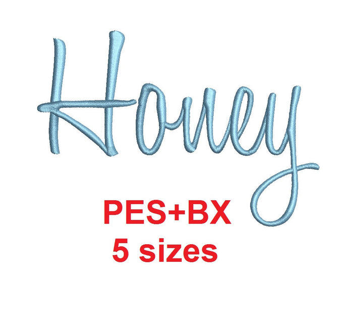 Honey Script embroidery font formats bx (which converts to 17 machine formats), + pes, Sizes 0.25 (1/4), 0.50 (1/2), 1, 1.5 and 2