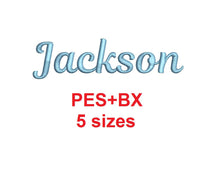 Jackson Script embroidery font formats bx (which converts to 17 machine formats), + pes, Sizes 0.25 (1/4), 0.50 (1/2), 1, 1.5 and 2"