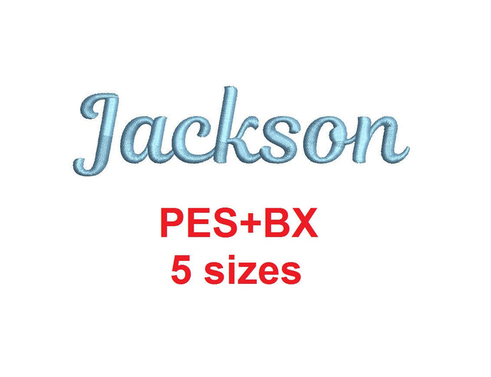 Jackson Script embroidery font formats bx (which converts to 17 machine formats), + pes, Sizes 0.25 (1/4), 0.50 (1/2), 1, 1.5 and 2