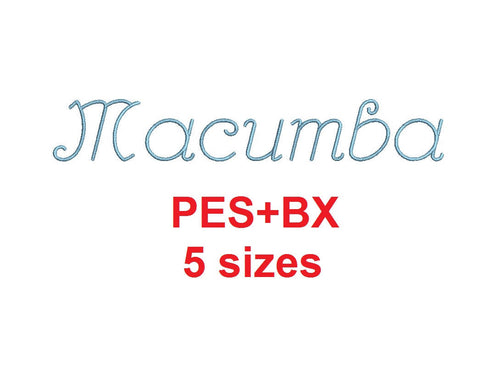 Macumba Script embroidery font formats bx (which converts to 17 machine formats), + pes, Sizes 0.25 (1/4), 0.50 (1/2), 1, 1.5 and 2