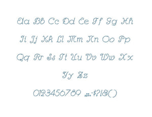 Macumba Script embroidery font formats bx (which converts to 17 machine formats), + pes, Sizes 0.25 (1/4), 0.50 (1/2), 1, 1.5 and 2"
