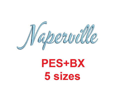 Naperville Script embroidery font formats bx (which converts to 17 machine formats), + pes, Sizes 0.25 (1/4), 0.50 (1/2), 1, 1.5 and 2