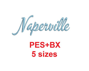 Naperville Script embroidery font formats bx (which converts to 17 machine formats), + pes, Sizes 0.25 (1/4), 0.50 (1/2), 1, 1.5 and 2"
