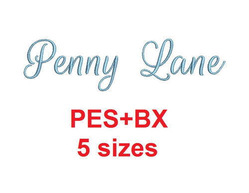 Penny Lane Script embroidery font formats bx (which converts to 17 machine formats), + pes, Sizes 0.25 (1/4), 0.50 (1/2), 1, 1.5 and 2