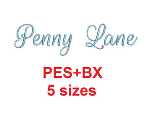 Penny Lane Script embroidery font formats bx (which converts to 17 machine formats), + pes, Sizes 0.25 (1/4), 0.50 (1/2), 1, 1.5 and 2"