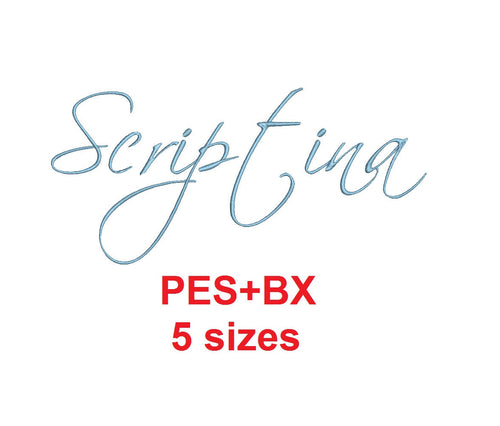 Scriptina Script embroidery font formats bx (which converts to 17 machine formats), + pes, Sizes 0.25 (1/4), 0.50 (1/2), 1, 1.5 and 2
