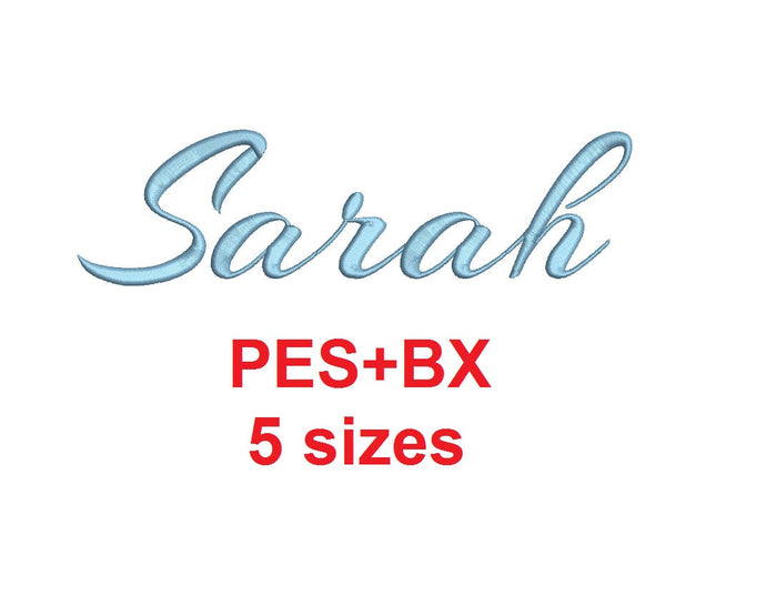 Sarah Script embroidery font formats bx (which converts to 17 machine formats), + pes, Sizes 0.25 (1/4), 0.50 (1/2), 1, 1.5 and 2
