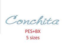 Conchita embroidery font formats bx (which converts to 17 machine formats), + pes, Sizes 0.50 (1/2), 0.75 (3/4), 1, 1.5 and 2"