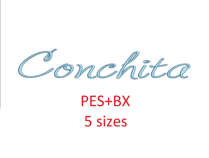 Conchita embroidery font formats bx (which converts to 17 machine formats), + pes, Sizes 0.50 (1/2), 0.75 (3/4), 1, 1.5 and 2