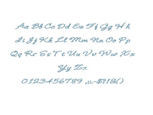 Conchita embroidery font formats bx (which converts to 17 machine formats), + pes, Sizes 0.50 (1/2), 0.75 (3/4), 1, 1.5 and 2"