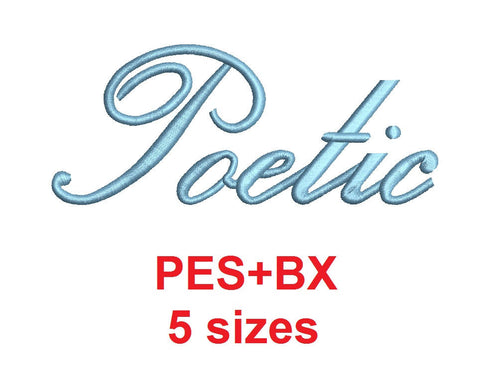 Poetic script embroidery font formats bx (which converts to 17 machine formats), + pes, Sizes 0.25 (1/4), 0.50 (1/2), 1, 1.5 and 2