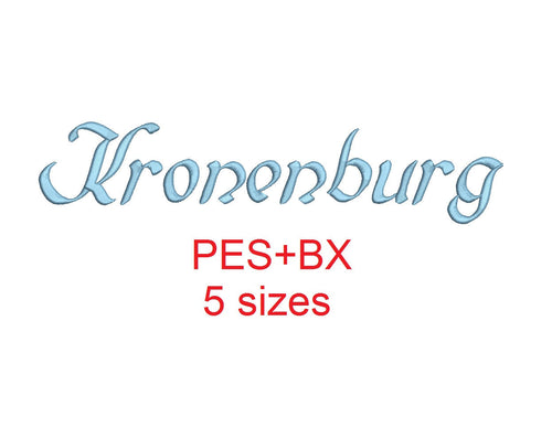 Kronenburg embroidery font formats bx (which converts to 17 machine formats), + pes, Sizes 0.50 (1/2), 0.75 (3/4), 1, 1.5 and 2