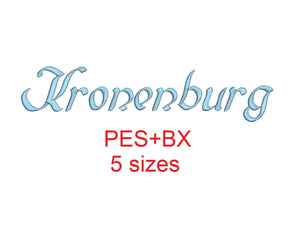 Kronenburg embroidery font formats bx (which converts to 17 machine formats), + pes, Sizes 0.50 (1/2), 0.75 (3/4), 1, 1.5 and 2"