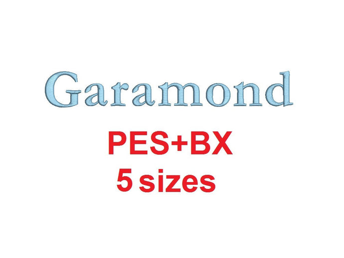 Garamond embroidery font formats bx (which converts to 17 machine formats), + pes, Sizes 0.25 (1/4), 0.50 (1/2), 1, 1.5 and 2
