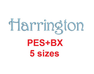 Harrington embroidery font formats bx (which converts to 17 machine formats), + pes, Sizes 0.25 (1/4), 0.50 (1/2), 1, 1.5 and 2"