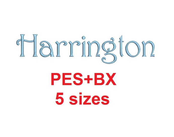 Harrington embroidery font formats bx (which converts to 17 machine formats), + pes, Sizes 0.25 (1/4), 0.50 (1/2), 1, 1.5 and 2