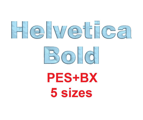 Helvetica Bold embroidery font formats bx (which converts to 17 machine formats), + pes, Sizes 0.25 (1/4), 0.50 (1/2), 1, 1.5 and 2