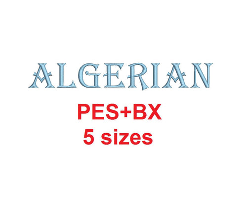 Algerian embroidery font formats bx (which converts to 17 machine formats), + pes, Sizes 0.25 (1/4), 0.50 (1/2), 1, 1.5 and 2