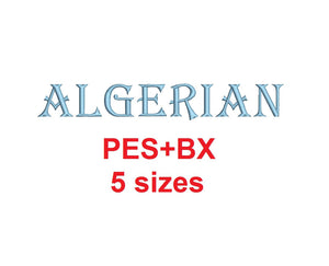 Algerian embroidery font formats bx (which converts to 17 machine formats), + pes, Sizes 0.25 (1/4), 0.50 (1/2), 1, 1.5 and 2"