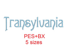 Transylvania embroidery font formats bx (which converts to 17 machine formats), + pes, Sizes 0.50 (1/2), 0.75 (3/4), 1, 1.5 and 2"