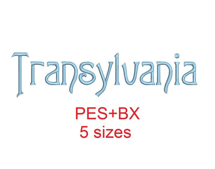 Transylvania embroidery font formats bx (which converts to 17 machine formats), + pes, Sizes 0.50 (1/2), 0.75 (3/4), 1, 1.5 and 2