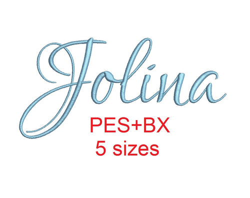 Jolina embroidery font formats bx (which converts to 17 machine formats), + pes, Sizes 0.50 (1/2), 0.75 (3/4), 1, 1.5 and 2