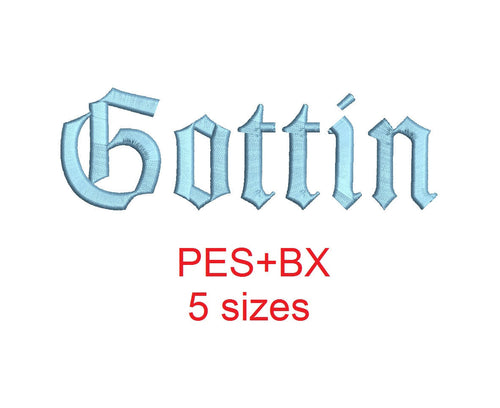 Gottin embroidery font formats bx (which converts to 17 machine formats), + pes, Sizes 0.50 (1/2), 0.75 (3/4), 1, 1.5 and 2