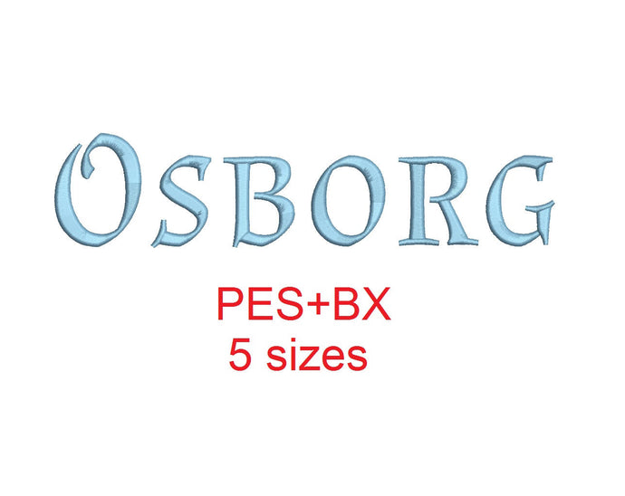 Osborg embroidery font formats bx (which converts to 17 machine formats), + pes, Sizes 0.50 (1/2), 0.75 (3/4), 1, 1.5 and 2