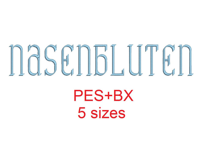 Nasenbluten embroidery font formats bx (which converts to 17 machine formats), + pes, Sizes 0.50 (1/2), 0.75 (3/4), 1, 1.5 and 2