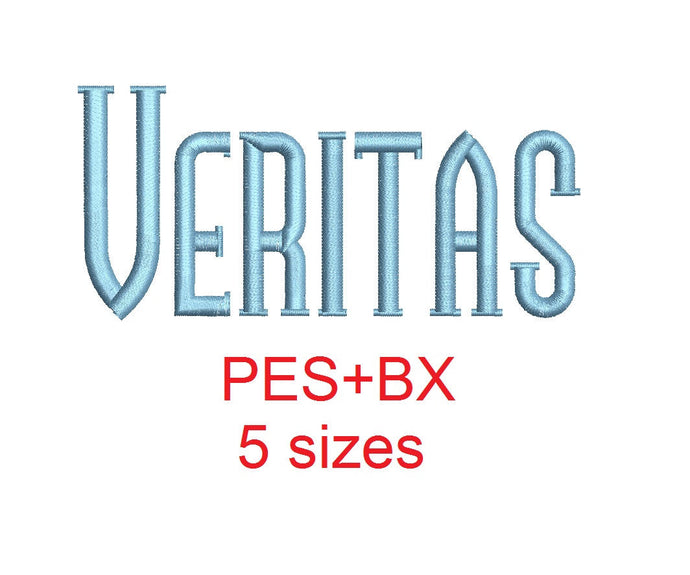 Veritas embroidery font formats bx (which converts to 17 machine formats), + pes, Sizes 0.50 (1/2), 0.75 (3/4), 1, 1.5 and 2