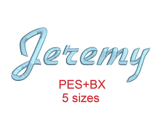 Jeremy embroidery font formats bx (which converts to 17 machine formats), + pes, Sizes 0.50 (1/2), 0.75 (3/4), 1, 1.5 and 2