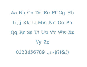 Dejavu Serif embroidery font formats bx (which converts to 17 machine formats), + pes, Sizes 0.25 (1/4), 0.50 (1/2), 1, 1.5 and 2"