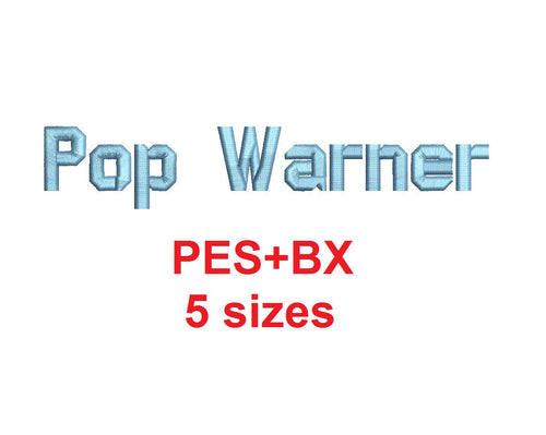 Pop Warner embroidery font formats bx (which converts to 17 machine formats), + pes, Sizes 0.25 (1/4), 0.50 (1/2), 1, 1.5 and 2