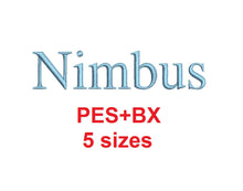 Nimbus embroidery font formats bx (which converts to 17 machine formats), + pes, Sizes 0.25 (1/4), 0.50 (1/2), 1, 1.5 and 2"