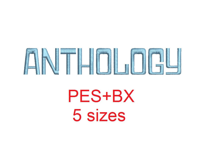 Anthology embroidery font formats bx (which converts to 17 machine formats), + pes, Sizes 0.50 (1/2), 0.75 (3/4), 1, 1.5 and 2