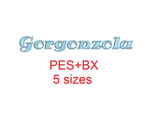 Gorgonzola embroidery font formats bx (which converts to 17 machine formats), + pes, Sizes 0.50 (1/2), 0.75 (3/4), 1, 1.5 and 2"