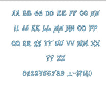 Marjolaine embroidery font formats bx (which converts to 17 machine formats), + pes, Sizes 0.50 (1/2), 0.75 (3/4), 1, 1.5 and 2"