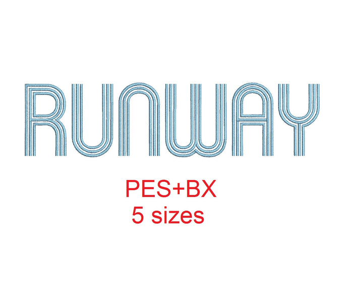 Runway embroidery font formats bx (which converts to 17 machine formats), + pes, Sizes 0.50 (1/2), 0.75 (3/4), 1, 1.5 and 2