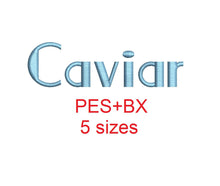 Caviar embroidery font formats bx (which converts to 17 machine formats), + pes, Sizes 0.50 (1/2), 0.75 (3/4), 1, 1.5 and 2"